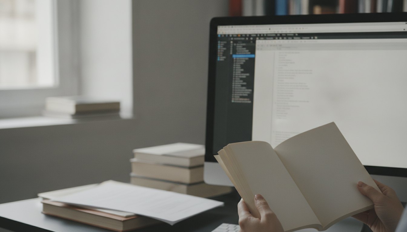 Mãos de uma pessoa segurando um livro aberto diante de um monitor exibindo um roteiro.