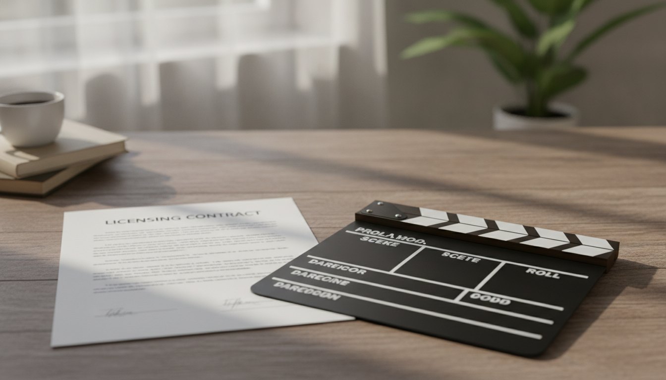 contrato de licenciamento aberto sobre uma mesa de madeira ao lado de claquete de cinema