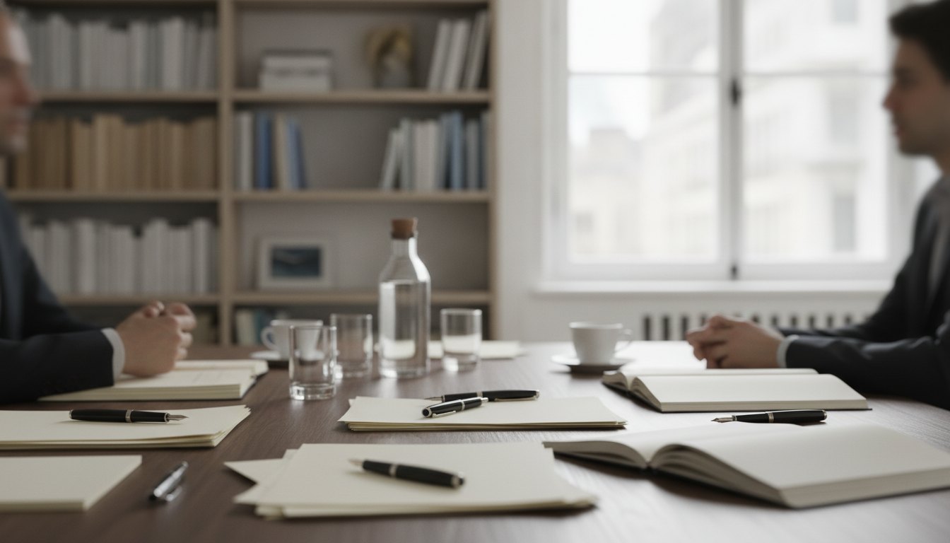 Duas pessoas conversam em uma mesa de escritório com documentos e canetas.