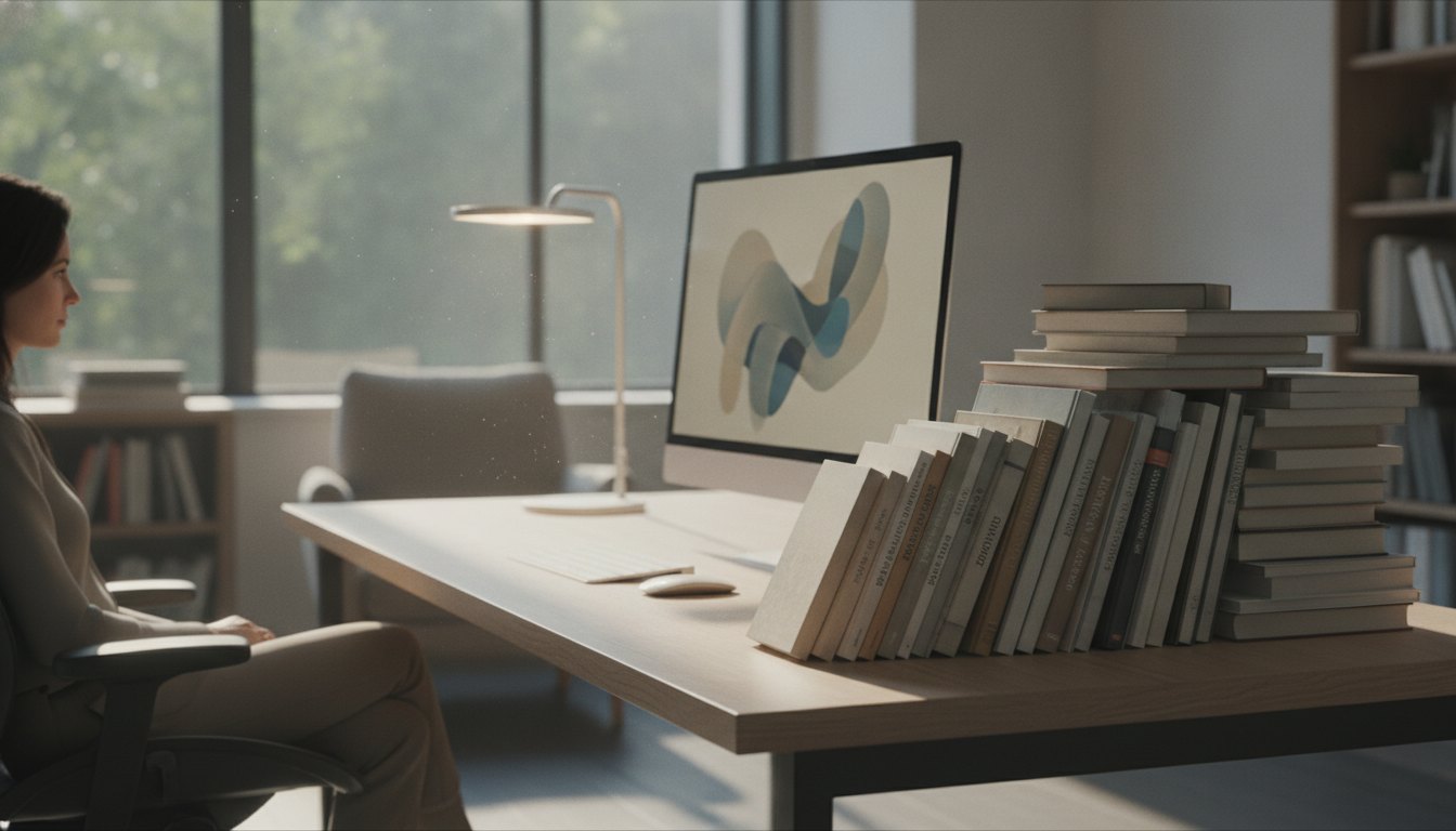 Mulher sentada diante de um computador com livros empilhados sobre a mesa de trabalho.