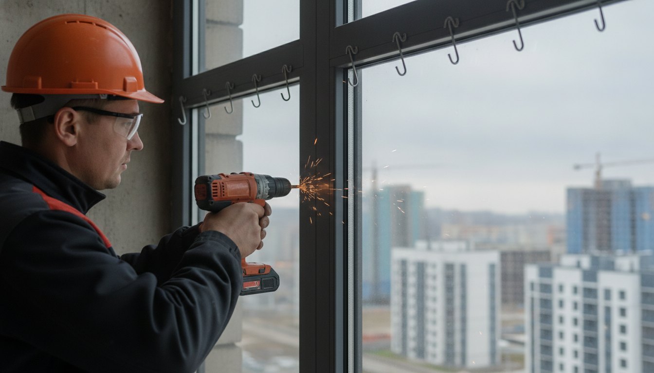 Operário utilizando furadeira para instalar ganchos de fixação em uma janela de apartamento.