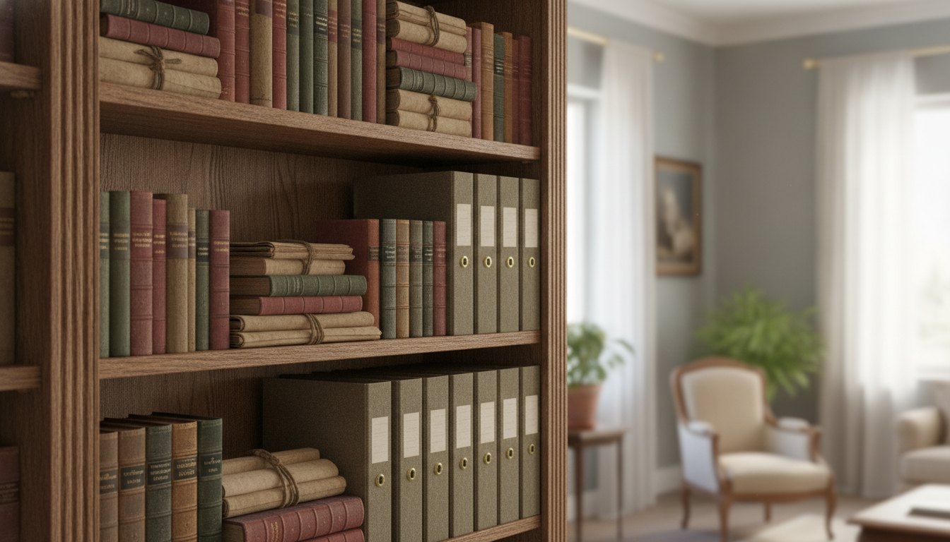 Estante de madeira repleta de livros antigos e documentos encadernados em um ambiente bem iluminado.
