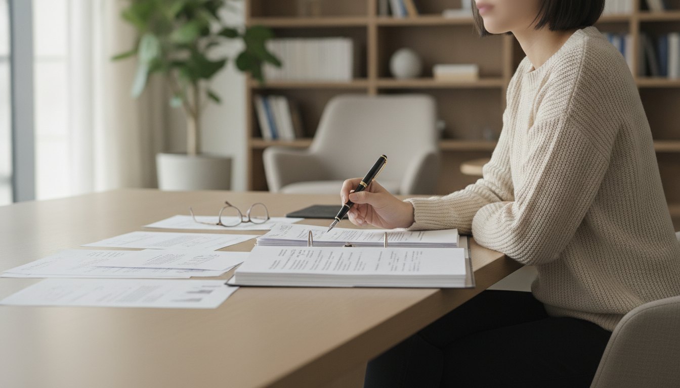 Mulher sentada em uma mesa de escritório analisando documentos impressos com uma caneta na mão.