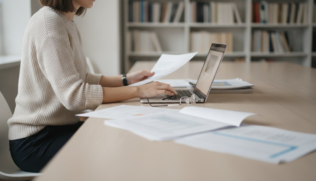 Mulher sentada em mesa de escritório analisando documentos impressos e digitando em um notebook