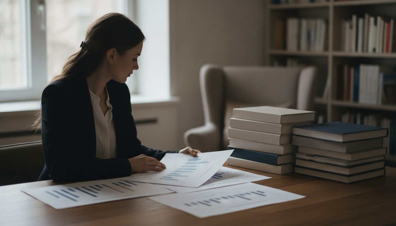 mulher sentada em uma mesa de escritório analisando gráficos impressos e pilhas de livros