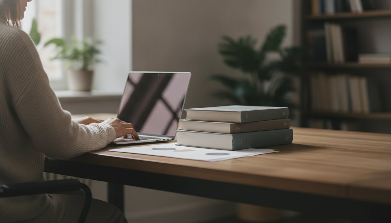 Mulher sentada em uma mesa de escritório digitando em um notebook ao lado de livros impressos.