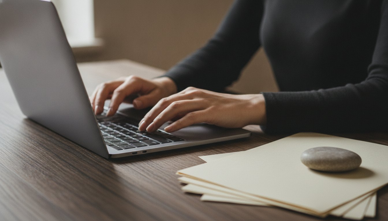mãos digitando em um teclado de notebook sobre mesa de madeira escura com papéis ao lado