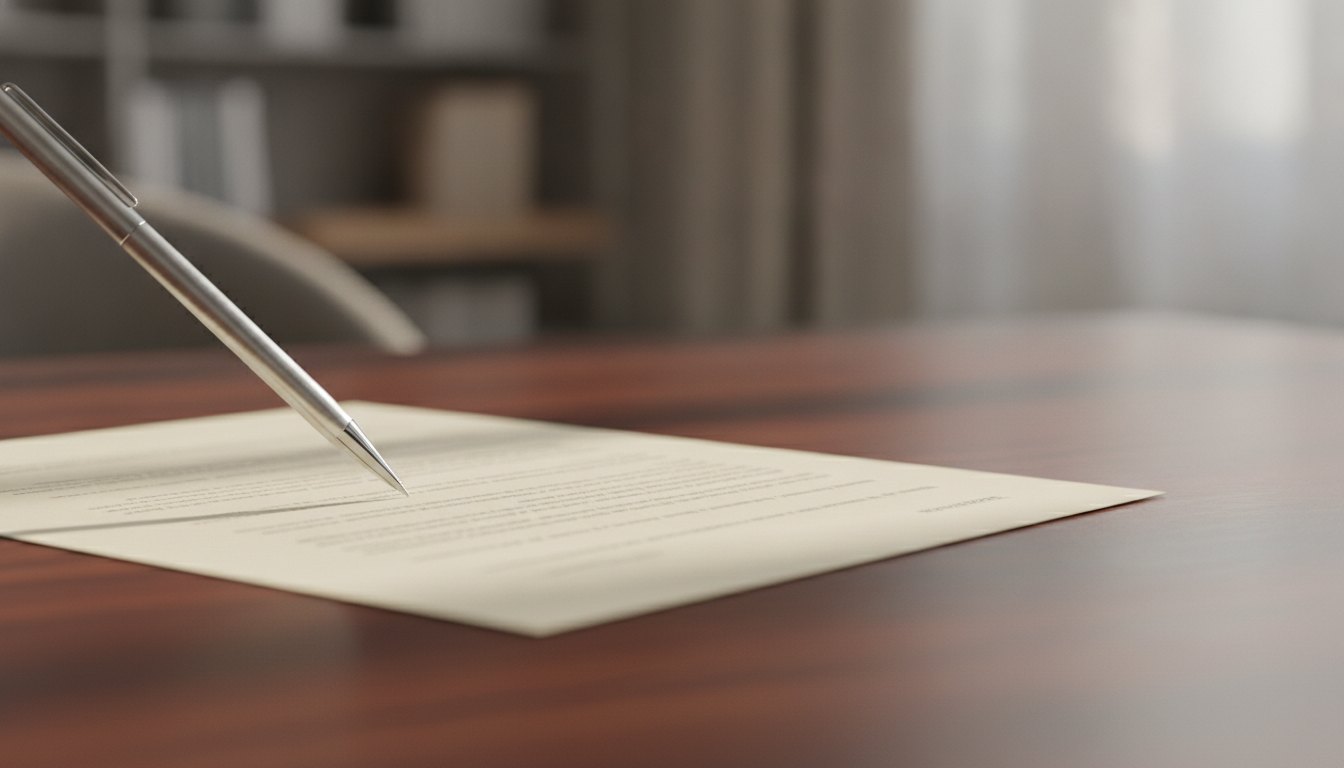caneta prateada assinando um documento de papel sobre uma mesa de madeira escura