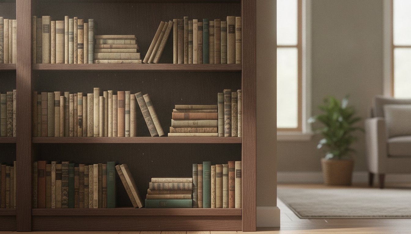 Estante de madeira escura com diversos livros enfileirados e alguns empilhados em uma sala iluminada.