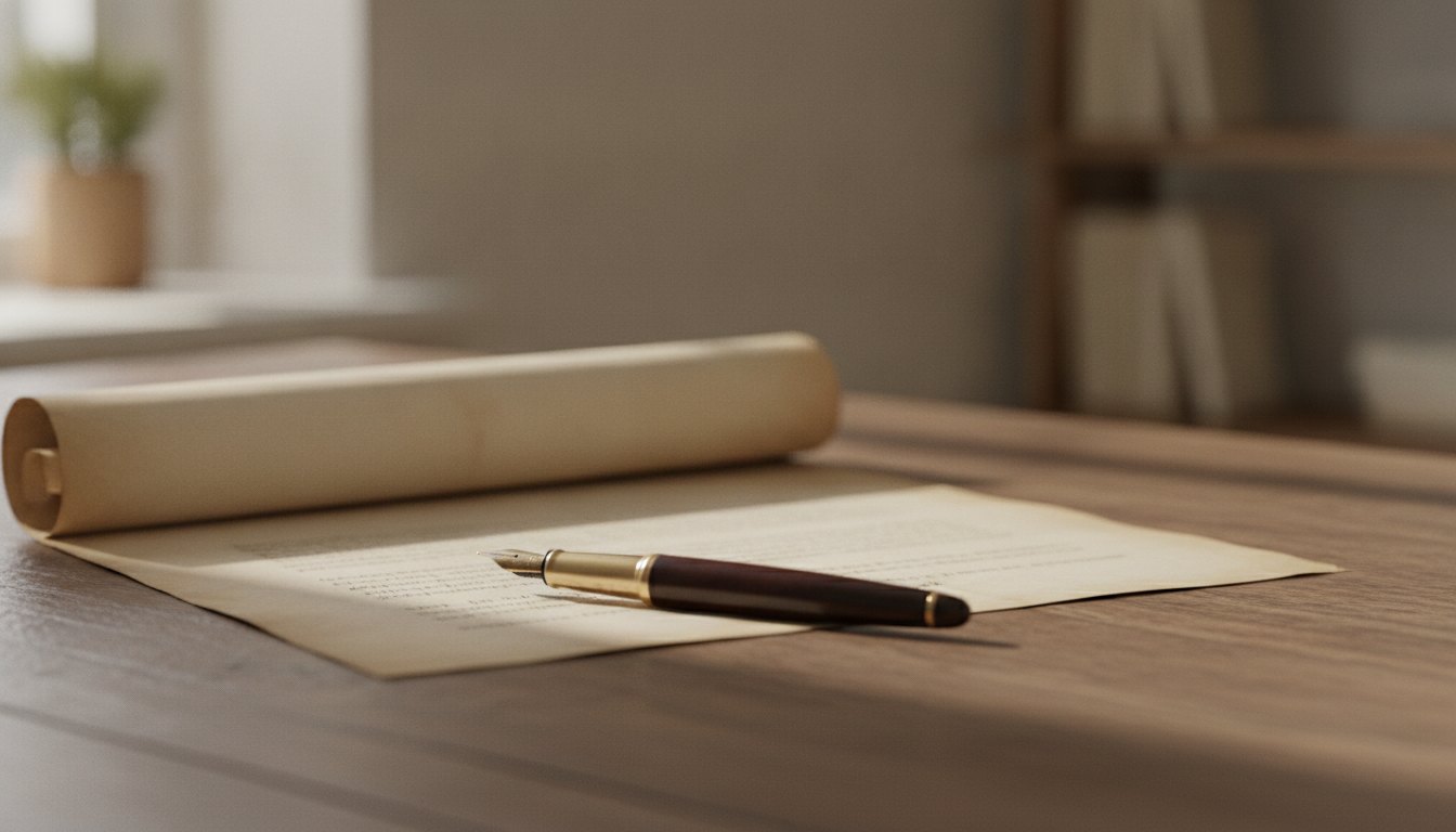 Mãos assinando um documento sobre uma mesa de madeira ao lado de uma caneta tinteiro.