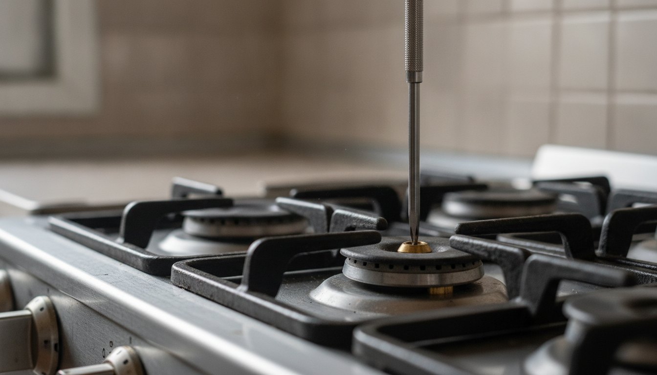 Técnico especializado utilizando chave de precisão para ajustar os bicos injetores de um fogão residencial.