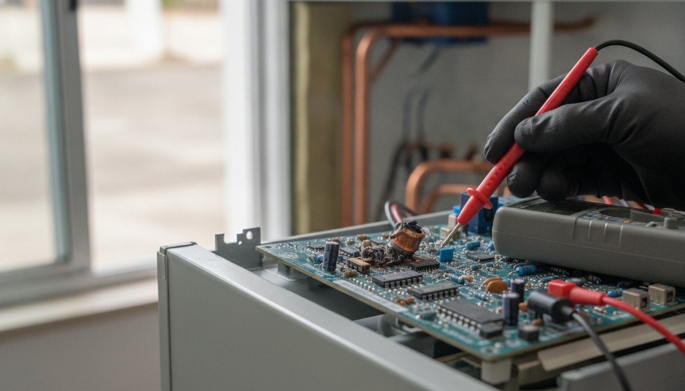Técnico utilizando multímetro para testar a placa de circuito de um equipamento eletrônico danificado.