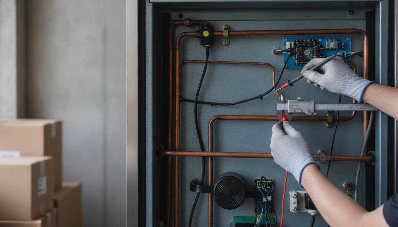 Técnico inspeciona a parte traseira de um refrigerador utilizando ferramentas manuais de medição