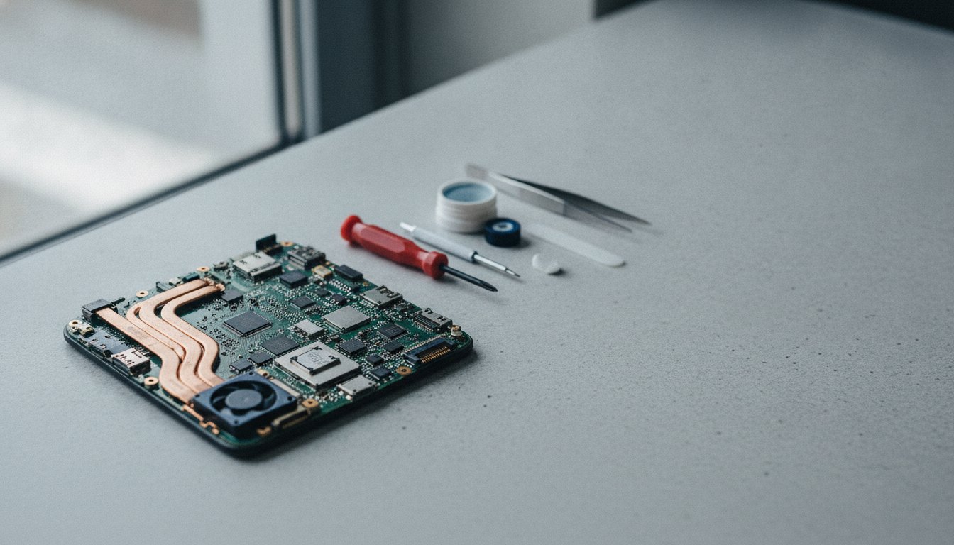Placa de circuito impresso de um smartphone aberta em uma bancada de manutenção com ferramentas