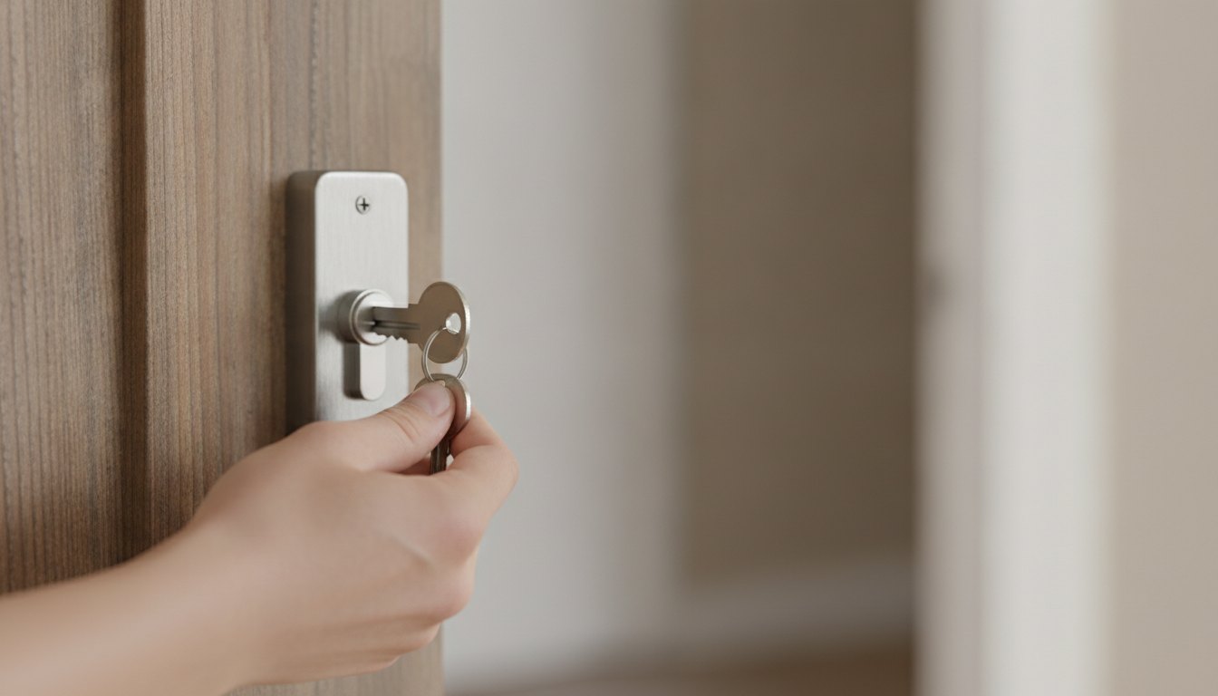 Mão segurando uma chave inserida no cilindro de uma fechadura metálica de porta de madeira.