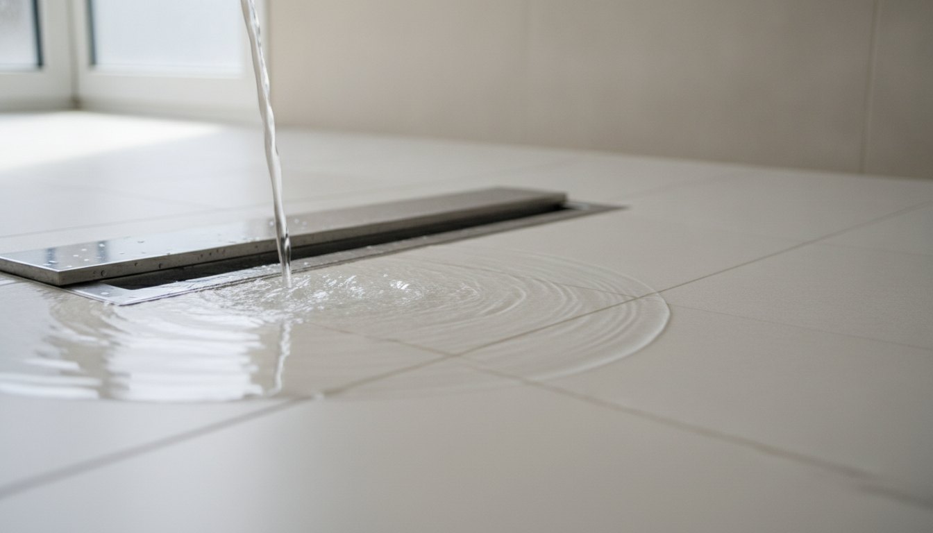 Ralo metálico de chuveiro aberto com água escoando pelo piso de cerâmica clara.