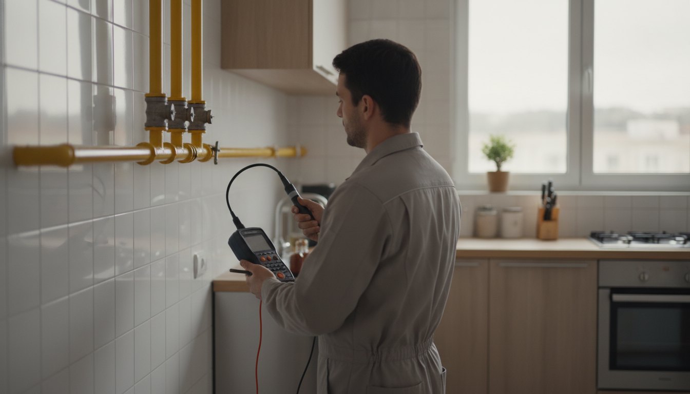 Técnico com equipamento de medição inspecionando a tubulação amarela de gás em uma cozinha.