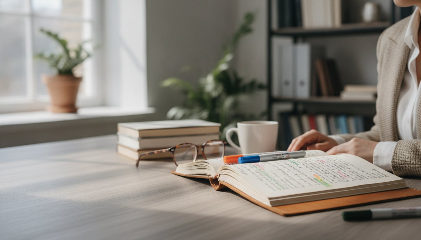 Mulher sentada em uma mesa de escritório lendo um manuscrito com anotações e marcadores coloridos.