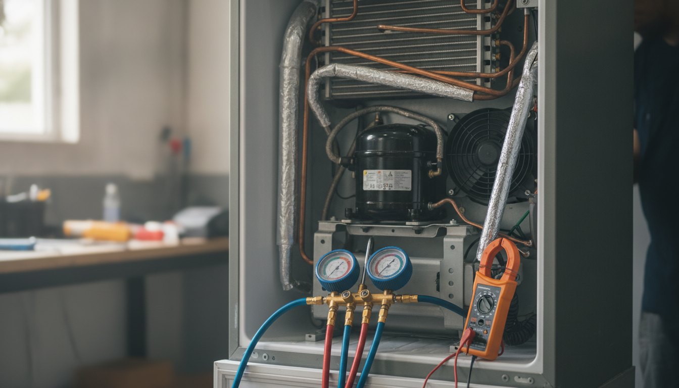 Técnico inspecionando o motor na parte traseira de uma geladeira residencial com ferramentas de medição.