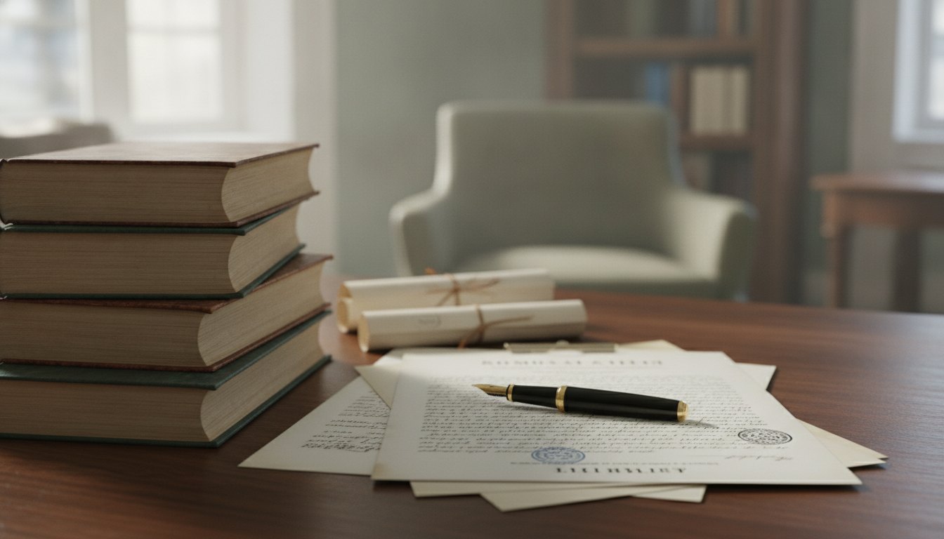 Pilha de livros sobre uma mesa de madeira ao lado de documentos e uma caneta tinteiro.