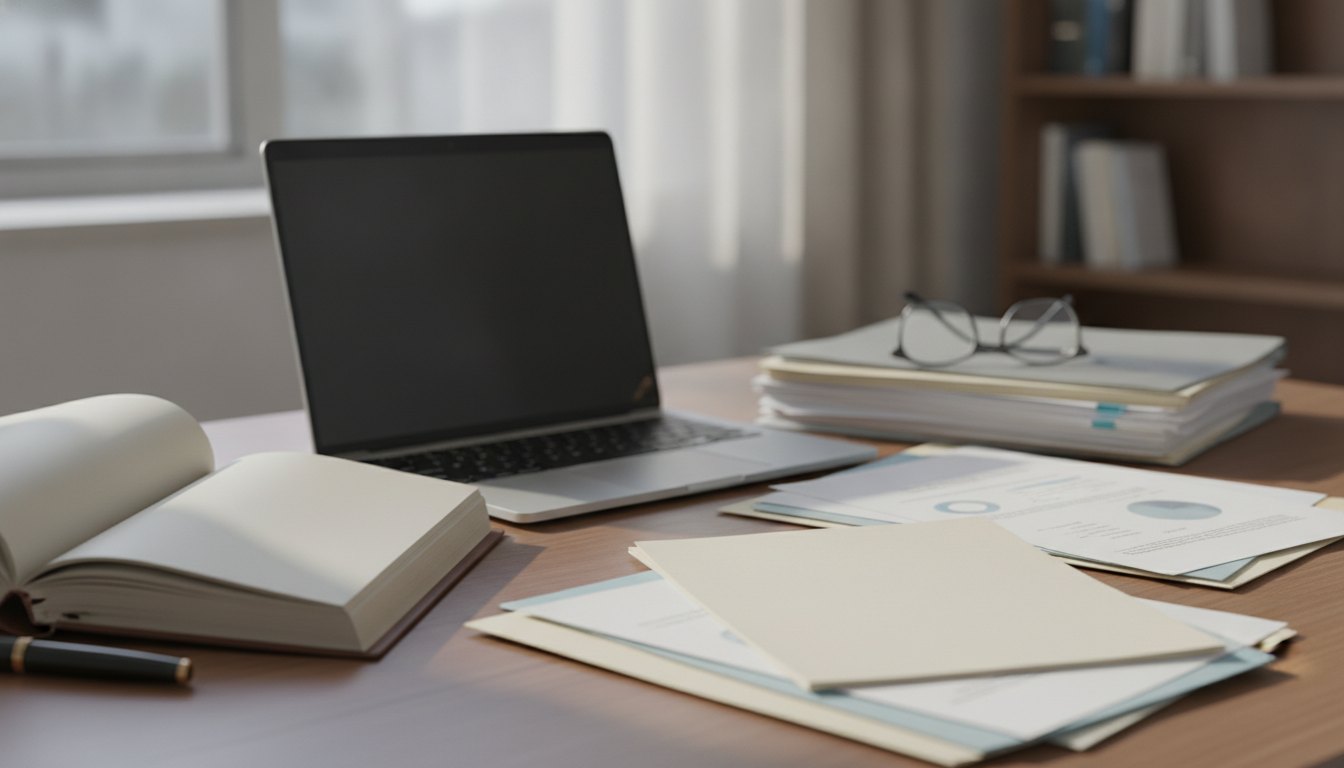 Pessoa escrevendo em um caderno ao lado de um computador e documentos de trabalho.