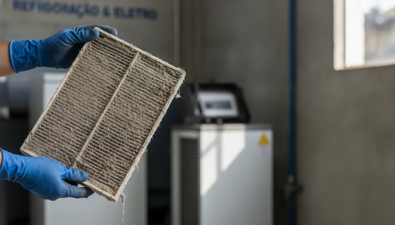 Filtro sujo de ar-condicionado sendo segurado por mãos com luvas de borracha azuis.