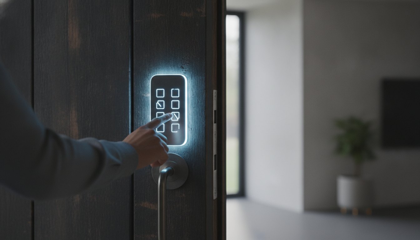 Pessoa usando painel numérico brilhante para destravar uma porta de madeira escura.