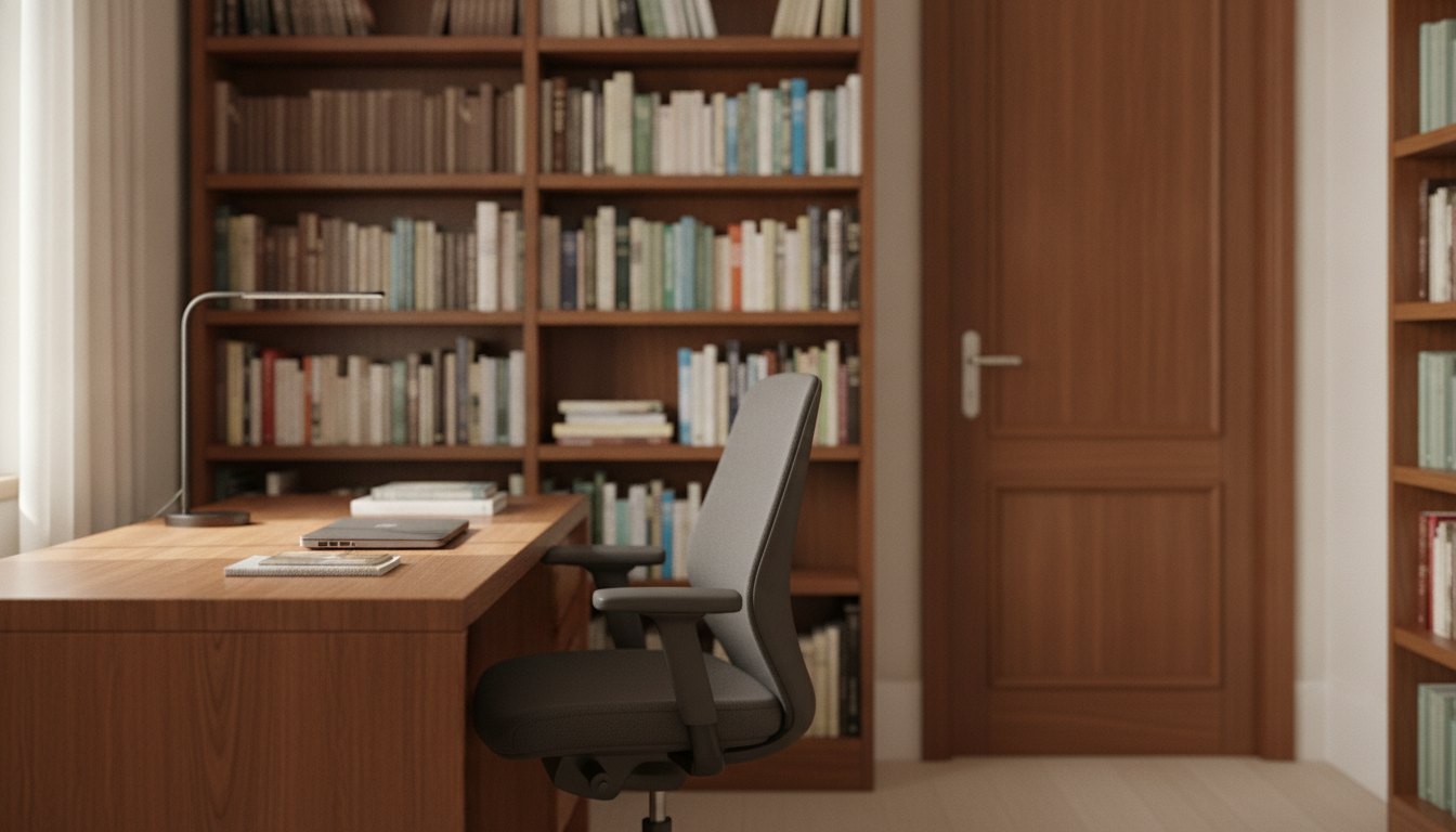 Escritório residencial com mesa de madeira, cadeira ergonômica, estantes cheias de livros e porta fechada.