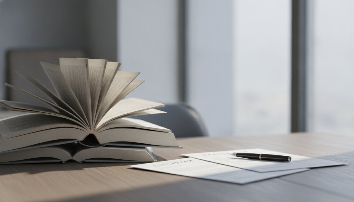 Pilha de livros abertos sobre uma mesa de madeira ao lado de contratos impressos e caneta.