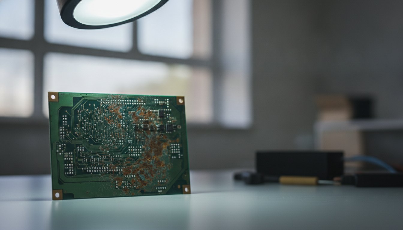 Placa de circuito verde danificada com marcas de oxidação sendo inspecionada sob uma luz branca.