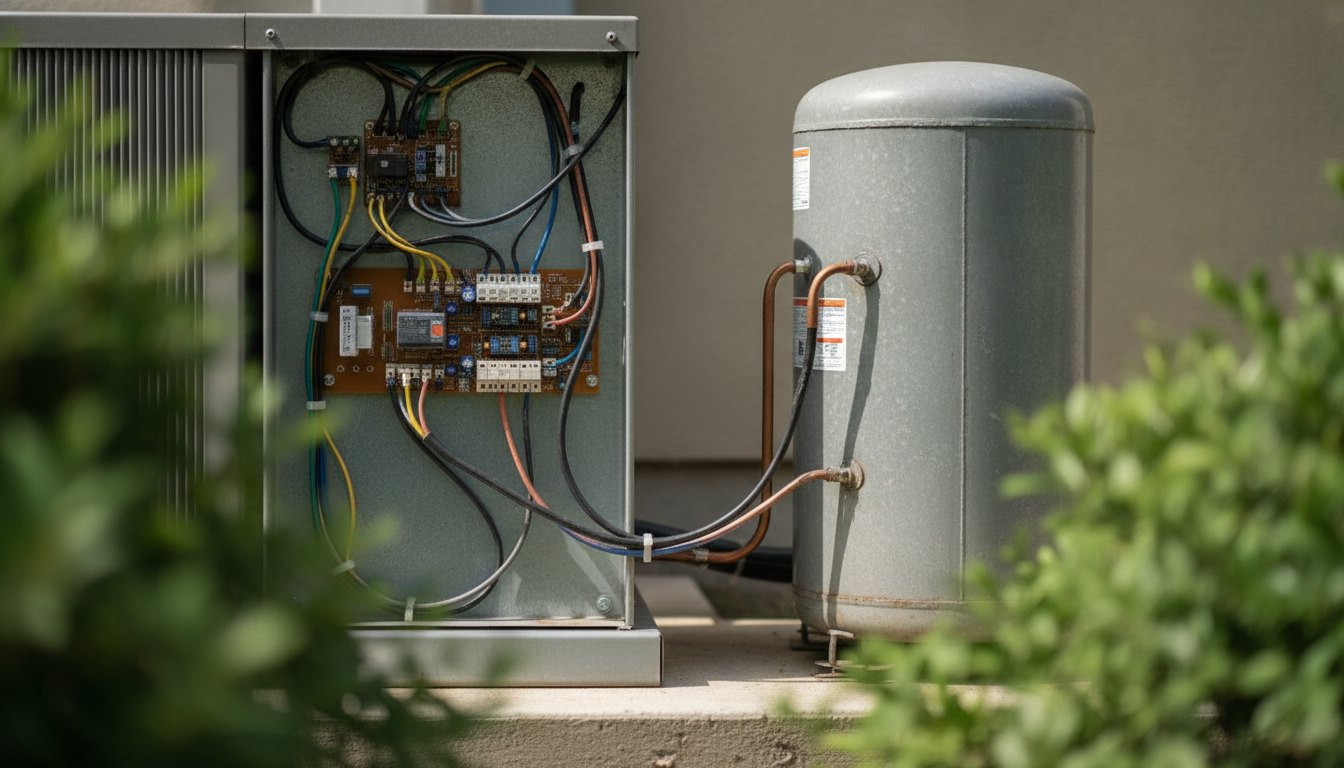 Técnicos inspecionando o painel de controle e o compressor de um equipamento de climatização residencial.