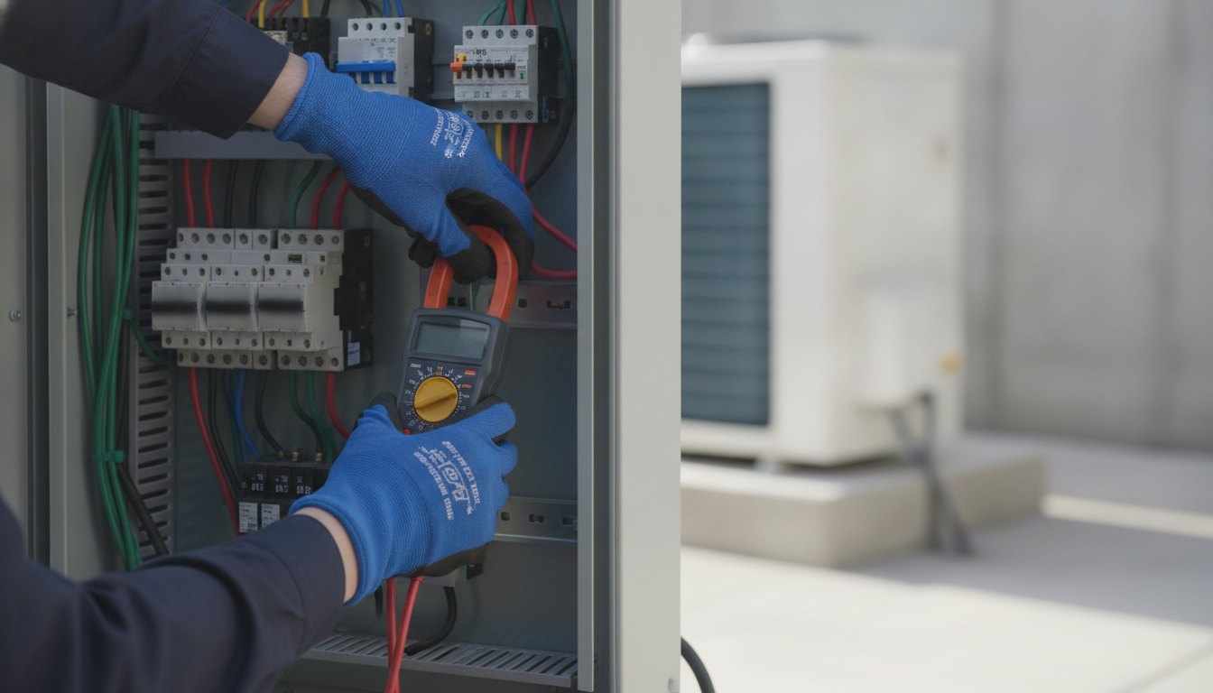 Técnico com luvas de proteção medindo a corrente elétrica no quadro de comando de uma unidade condensadora.