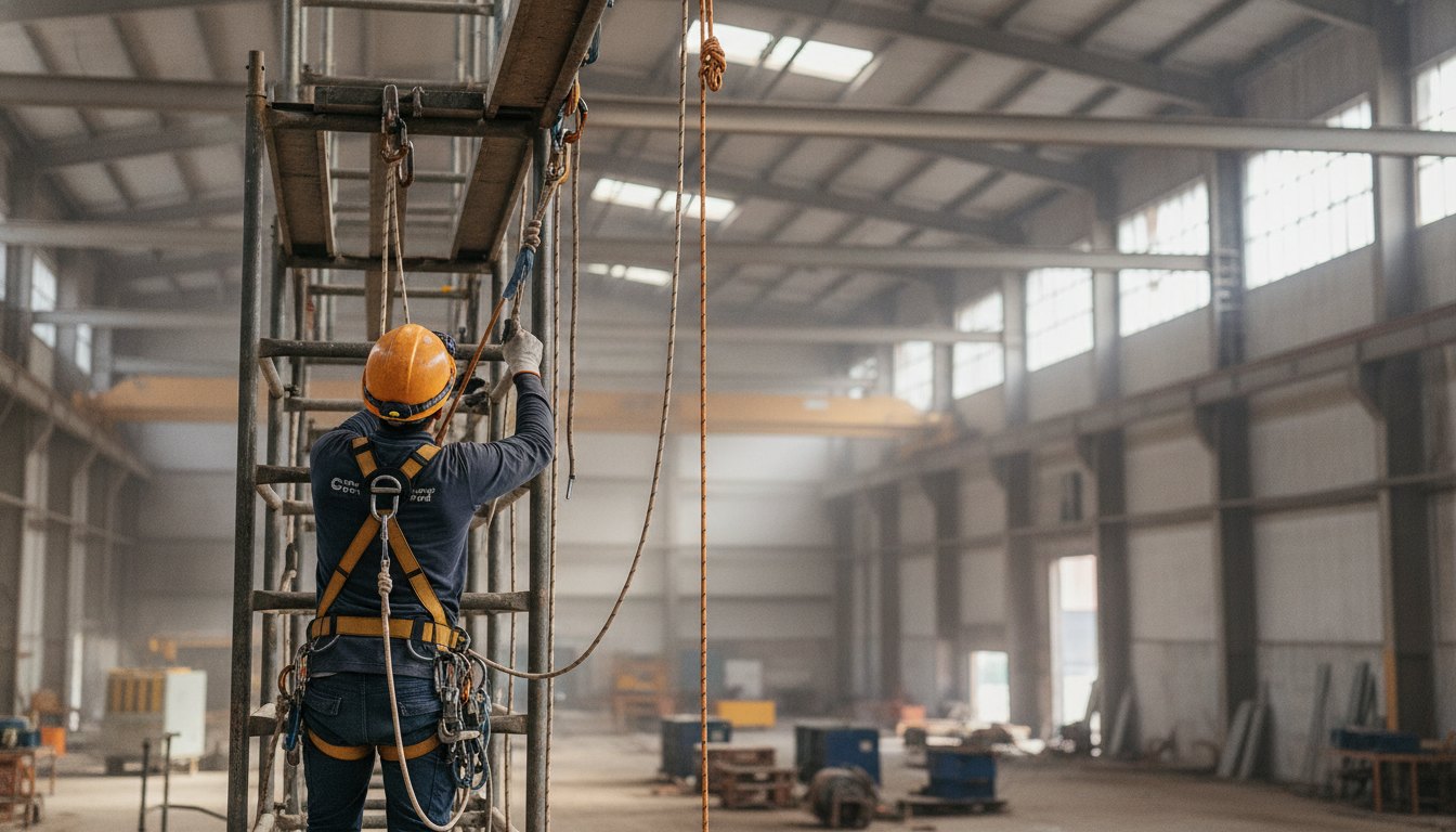 Operário com equipamento de segurança instalando cordas e ganchos em uma estrutura metálica no teto.