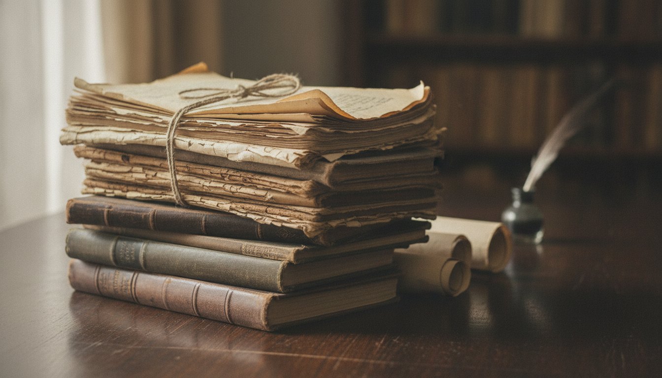 Pilha de manuscritos antigos e livros sobre uma mesa de madeira escura com iluminação suave.