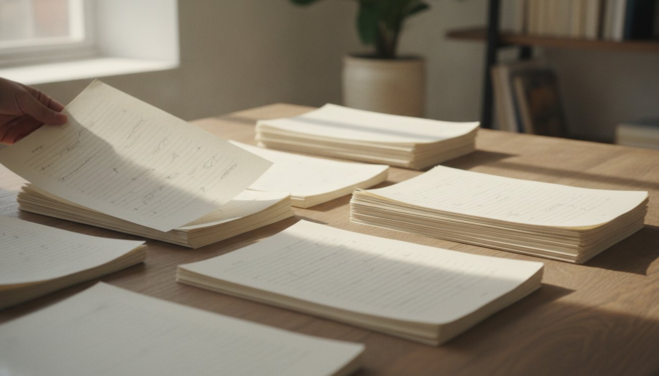 Mãos de uma pessoa organizando diversos manuscritos impressos sobre uma mesa de madeira.
