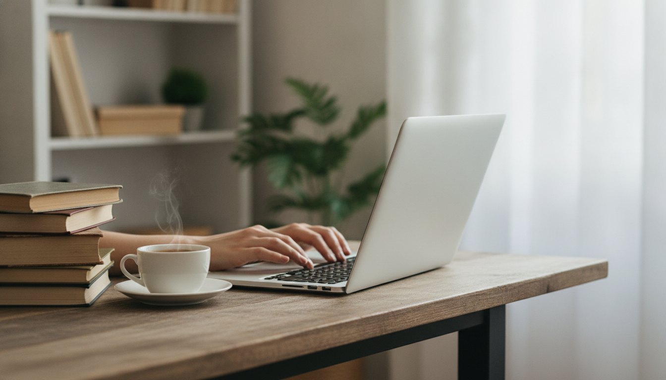 Pessoa digitando em um notebook sobre mesa de madeira com livros e xícara de café.