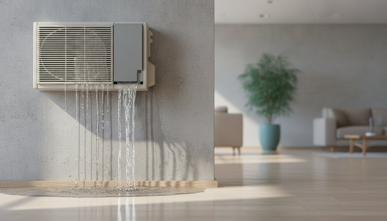 Água escorrendo pela parede abaixo de uma unidade evaporadora de ar-condicionado em ambiente interno.