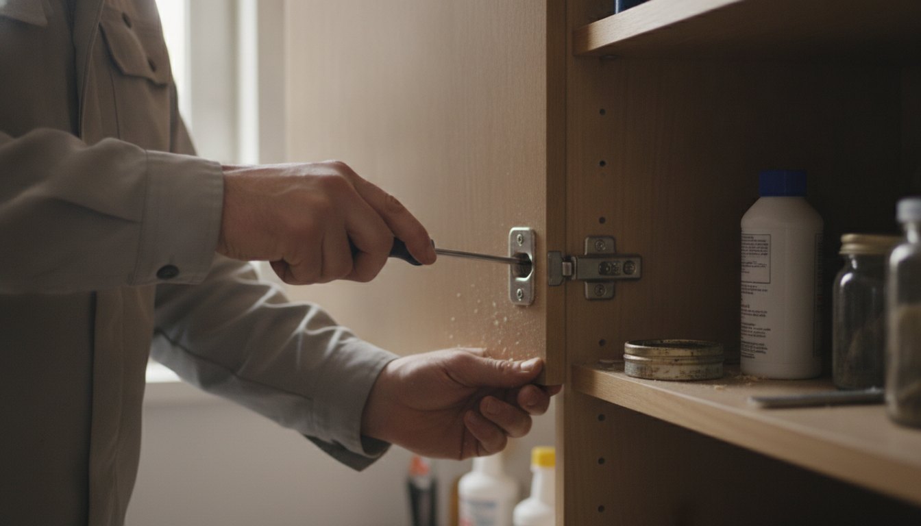 Homem ajustando a dobradiça de um armário de madeira utilizando uma chave de fenda.