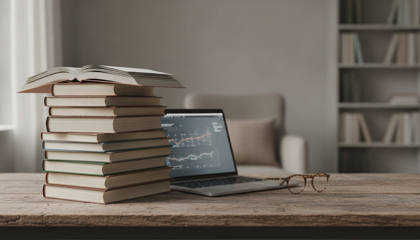 Pilha de livros sobre mesa de madeira ao lado de notebook aberto e óculos de grau.