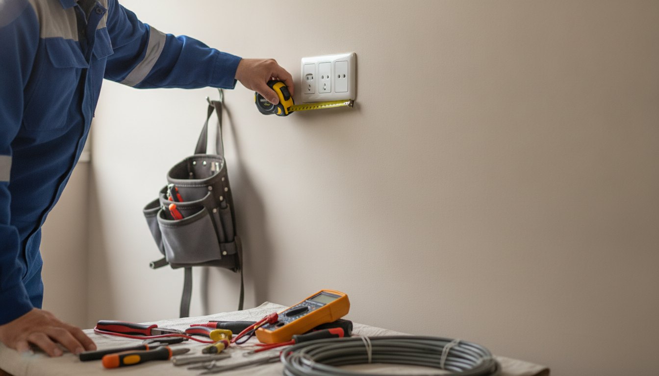 Técnico uniformizado medindo a parede com trena próximo a uma tomada elétrica e ferramentas de trabalho.