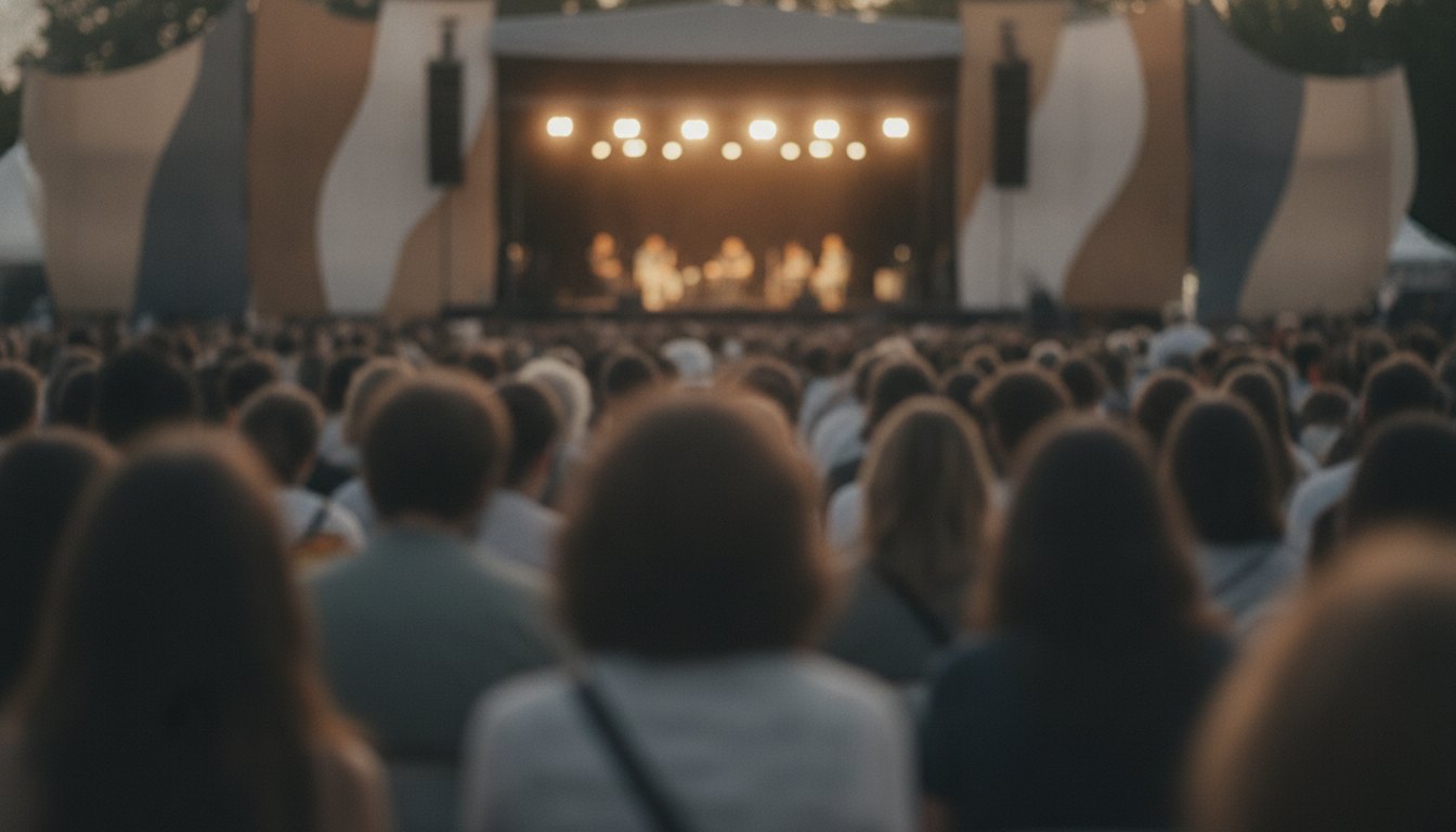 Multidão acompanha debate entre escritores em um palco iluminado de festival de literatura ao ar livre.