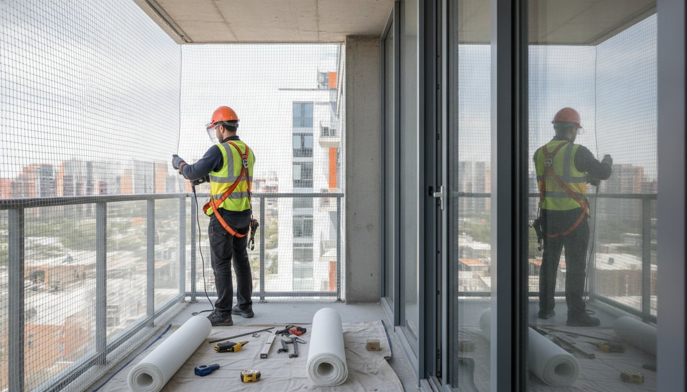 Trabalhador com equipamento de segurança instalando tela de proteção em uma varanda de apartamento.