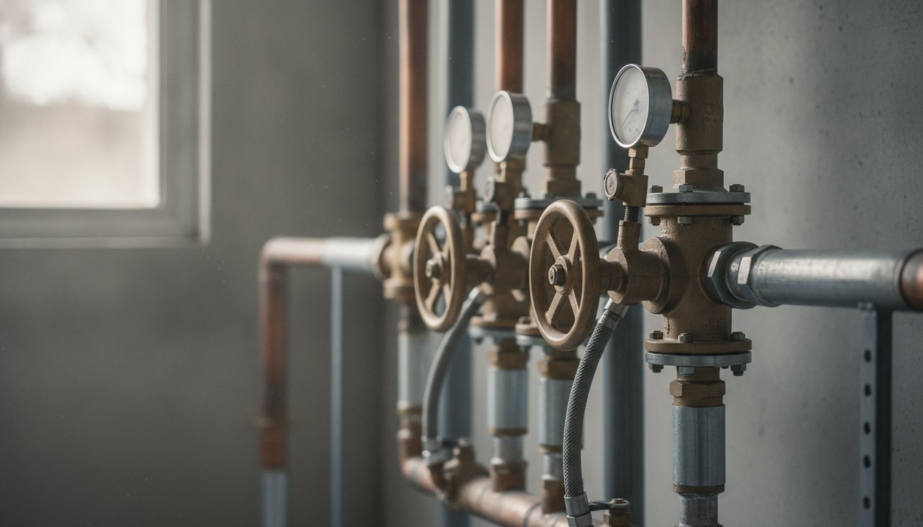 Profissional ajustando válvulas e medindo a pressão em um sistema de aquecimento de água a gás.