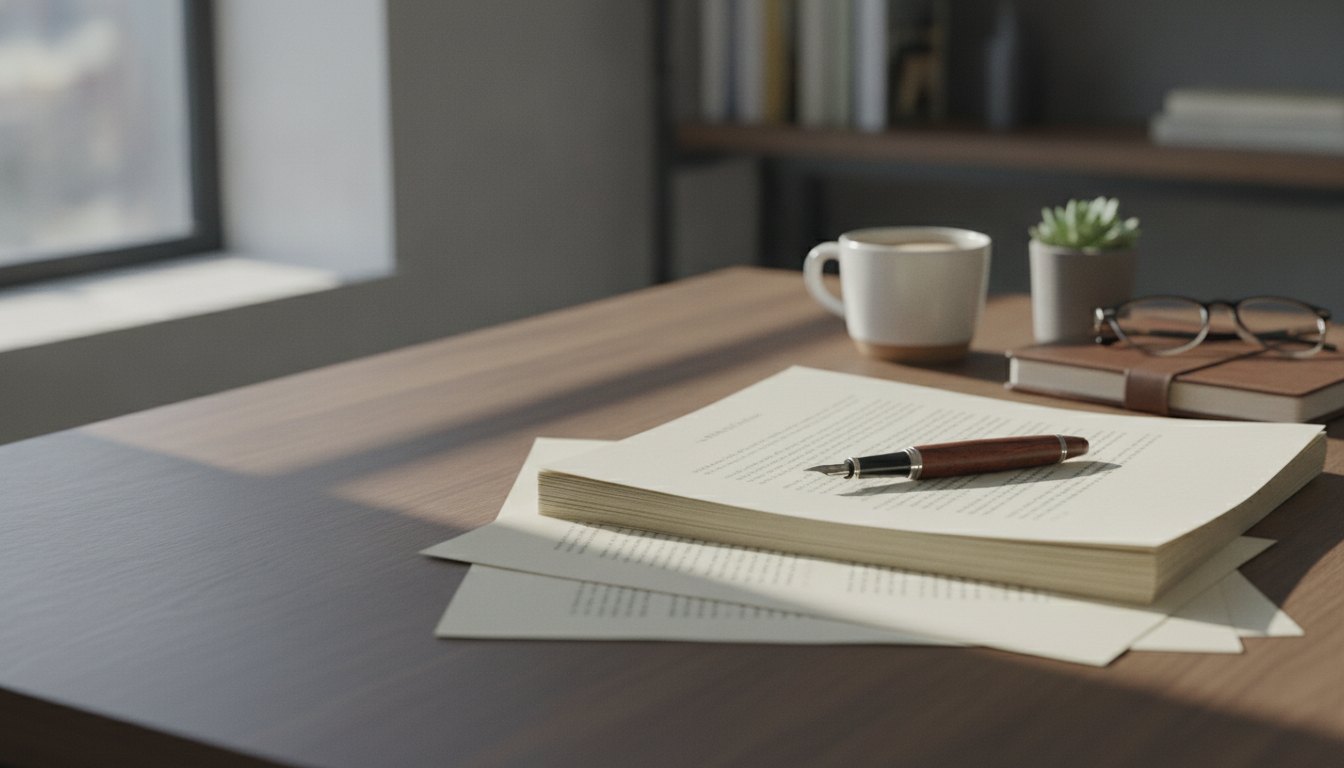 Mulher em uma mesa de escritório lendo um manuscrito impresso com uma caneta na mão.