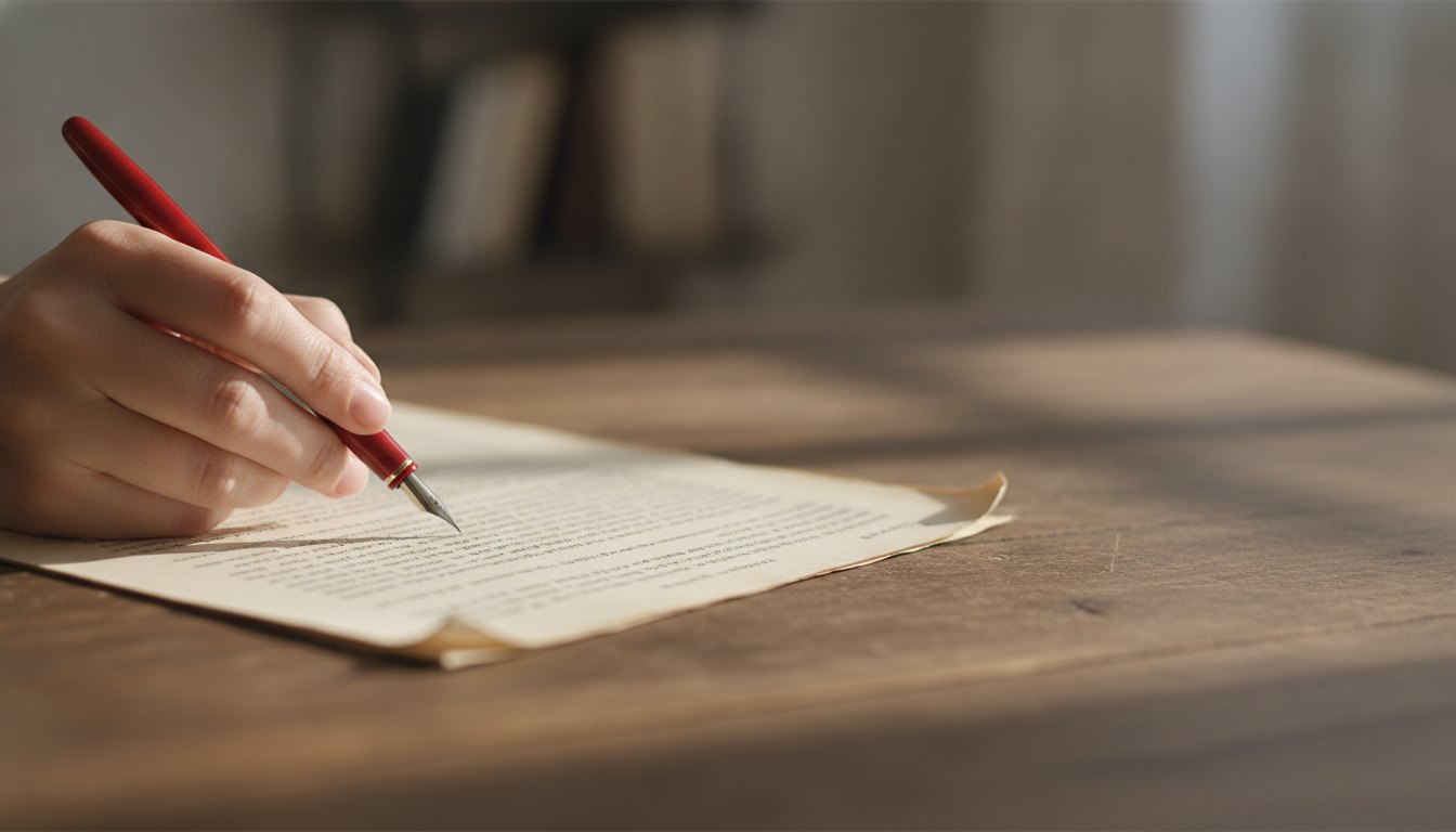 Pessoa segurando uma caneta vermelha sobre um manuscrito impresso em uma mesa de madeira.