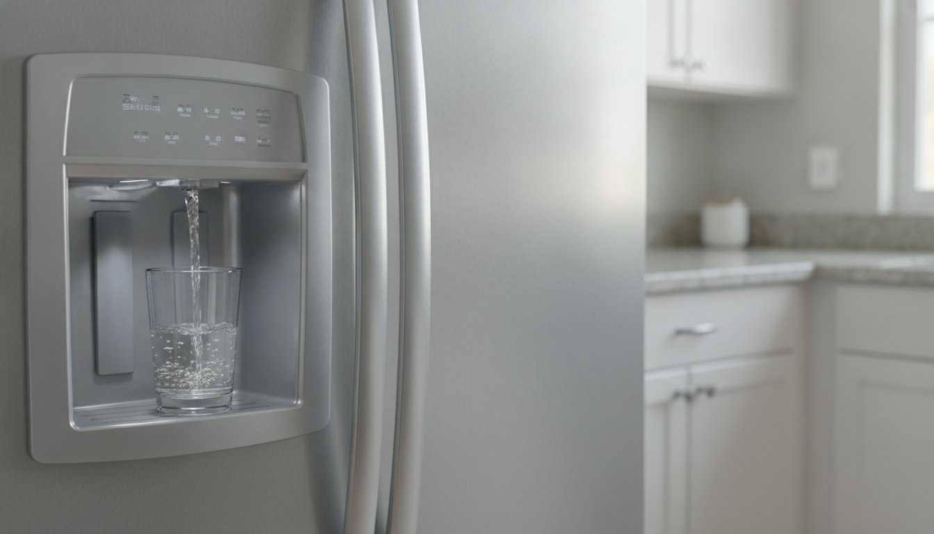 Porta de geladeira de aço inox com copo de vidro posicionado no dispenser de água.