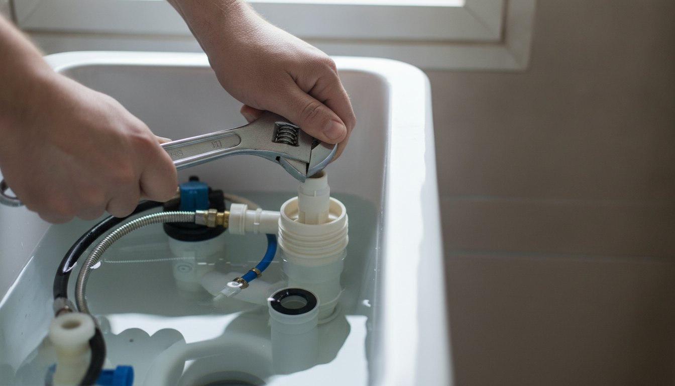 Mãos segurando uma chave inglesa ajustando os componentes internos de uma caixa acoplada de vaso sanitário.