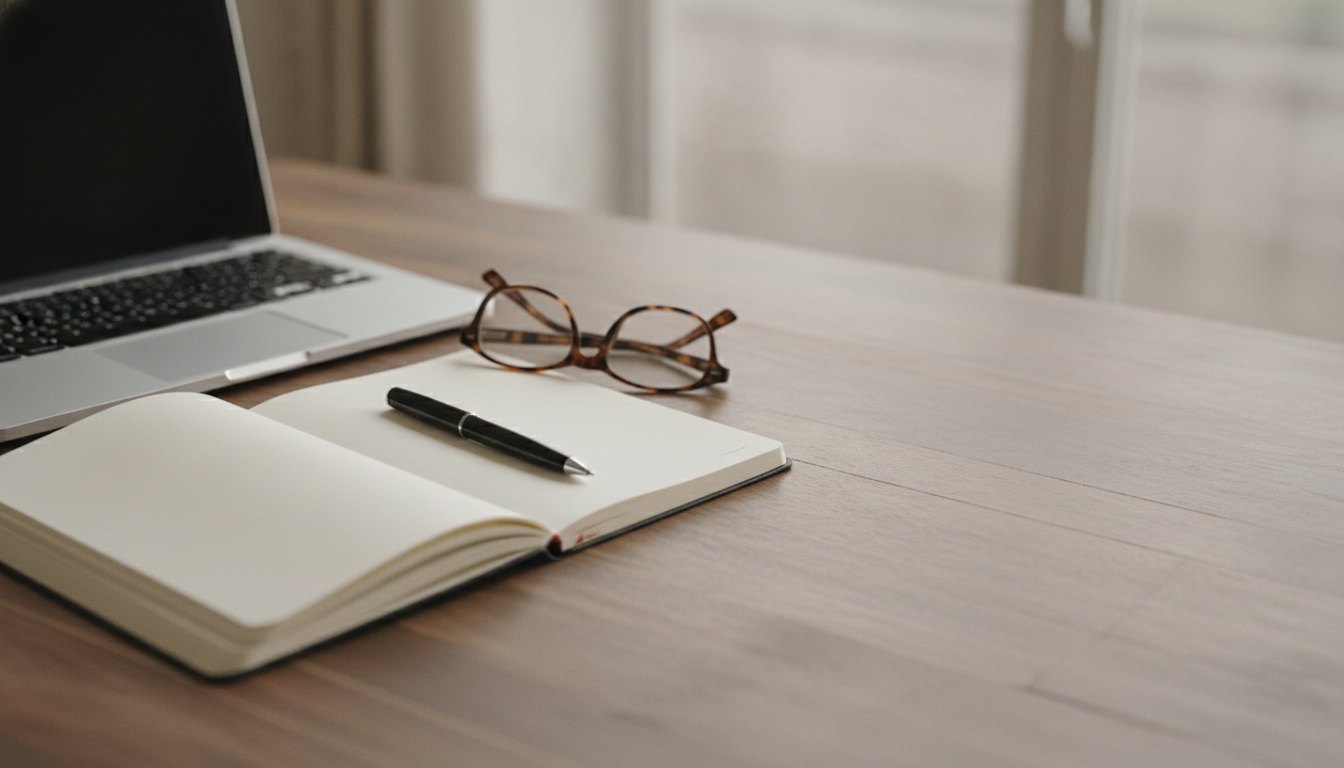 Caderno aberto ao lado de um notebook, caneta e óculos sobre uma mesa de madeira.