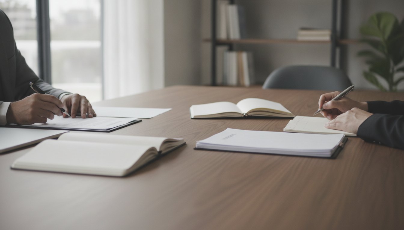 Duas pessoas sentadas em uma mesa de escritório assinando papéis com caneta e cadernos abertos.