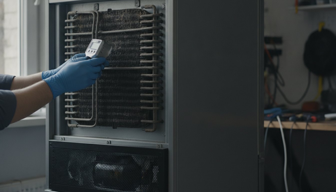 Técnico com luvas inspecionando a serpentina traseira de um refrigerador doméstico e avaliando a ventilação.